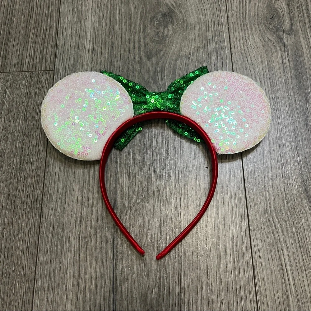 Minnie Mouse Christmas Green Red White Sequin Bow Headband Adult